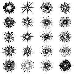 A collection of dynamic black and white fireworks vector illustrations in various starburst and explosion designs, perfect for celebratory events and graphic design projects.