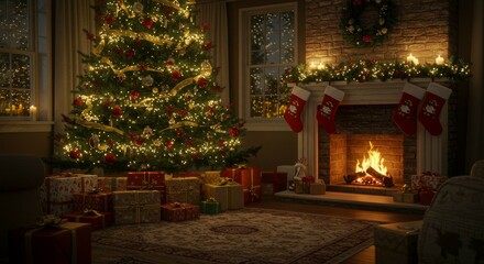 Christmas Tree and Fireplace Scene with Gifts and Stockings