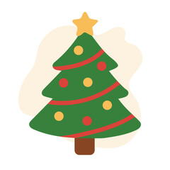 Christmas tree decorated with star and ornaments, tree shown in festive flat design, tree symbolizing joy and celebration, perfect for seasonal graphics.