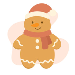 Gingerbread snowman with red scarf and Santa hat, snowman smiling in cute style, snowman perfect for festive icons, cards, and children holiday visuals.