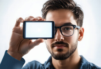 A man holding a blank device with a soft glow, obscuring his eyes.