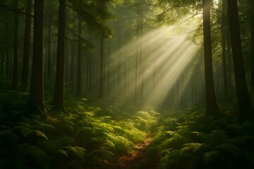 Obraz premium Sunlight Streaming Through Lush Forest in Serene Morning Light 