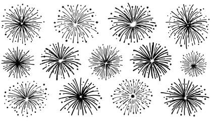 An artistic array of abstract firework shapes, presented as versatile graphic elements suitable for adding a celebratory flair to any design.