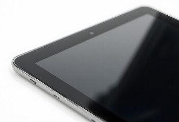 A close-up of a tablet in horizontal view with a dark, reflective screen, hinting at professional digital use.