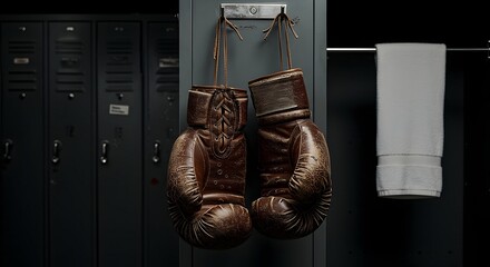 Boxing Gloves Hanging in Locker Room with Towel