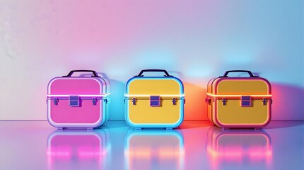 Boxes Arranged with Neon Glow and Reflections on Shiny Surface