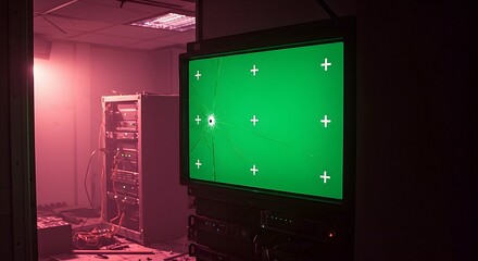 Broken Monitor with Green Screen in Server Room