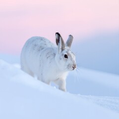 Obraz premium A fluffy white rabbit hops gracefully through a serene winter landscape, leaving delicate paw prints in the soft, glistening snow under a clear blue sky.