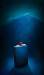 Suitcase with mountain on blue background