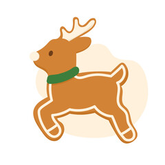 Gingerbread reindeer with green collar and cute icing trim, reindeer decorated in festive flat style, reindeer perfect for cozy Christmas-themed illustrations.