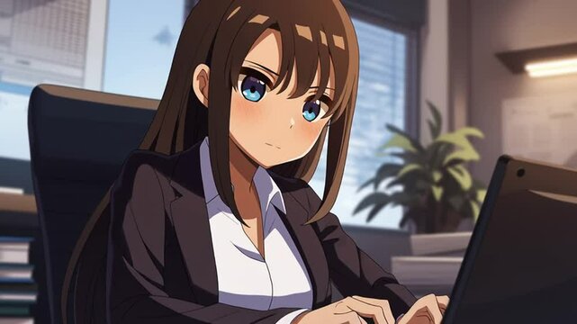 オフィスで働くアニメ調の美少女