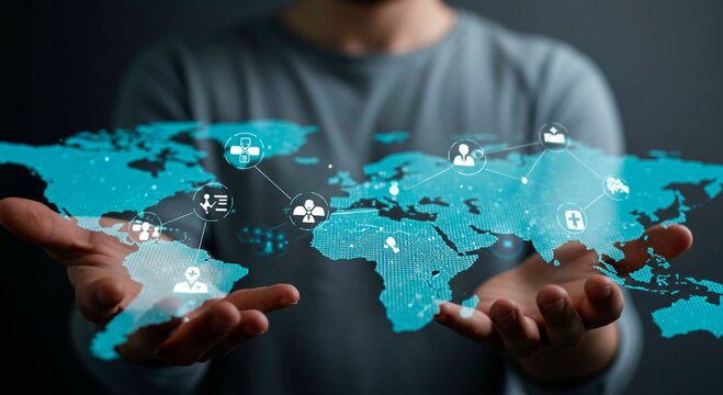 Person holding holographic world map with network connections and icons up