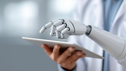 Doctor and robot hand collaborate using advanced tablet tech for futuristic innovation in medical research field - Powered by Adobe