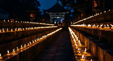 Candles Lighting Path to Temple at Night, Spirituality Concept