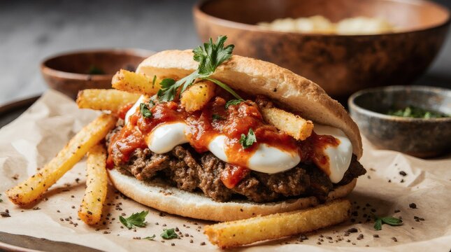 Cokertme Kebabi Turkish Kebab with Fries and Yogurt Sauce