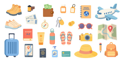 Flat travel illustration featuring essential items like passport, tickets, backpack, map, phone, and sunscreen, all representing travel adventures and travel planning inspiration.