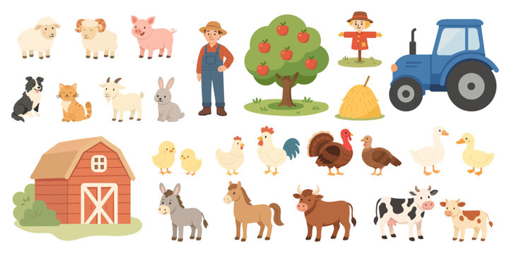 Flat cartoon illustration of farm with farm animals, farmer, barn, tractor, and trees. image includes cows, sheep, goats, pigs, chickens, and other farm elements