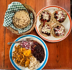 Authentic Yucatecan Chicken pibil tortillas, served with rice, beans and onions in a small café near the X'Canche centote near Ek Balam,near Valladolid,Yucatan,Mexico