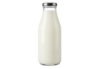 Clear glass bottle filled with creamy white milk and silver cap isolated on transparent background
