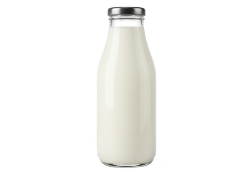 Clear glass bottle filled with creamy white milk and silver cap isolated on transparent background