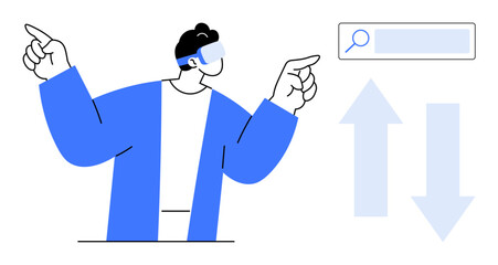 Individual wearing VR headset interacting with virtual search bar and data arrows. Ideal for technology, innovation, digital transformation, VR applications, online search, future technology, simple