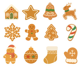 Holiday cookies set with gingerbread stars, bells, mittens and trees, cookies decorated in festive style, cookies perfect for seasonal clipart and packaging.
