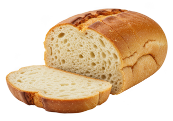 Freshly baked loaf of bread with a slice cut isolated on transparent background