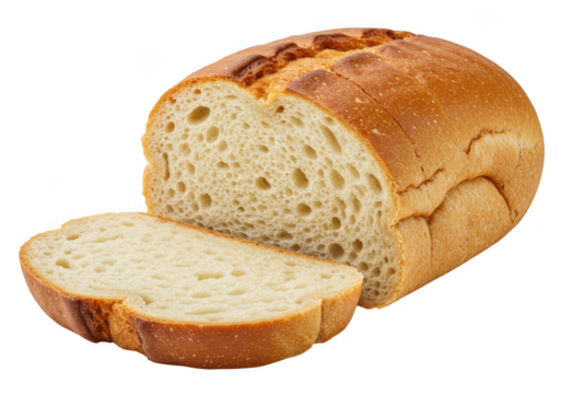 Freshly baked loaf of bread with a slice cut isolated on transparent background