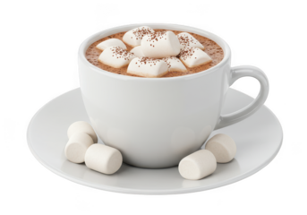 Warm cup of hot chocolate with marshmallows and cinnamon isolated on transparent background