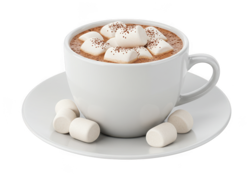 Warm cup of hot chocolate with marshmallows and cinnamon isolated on transparent background