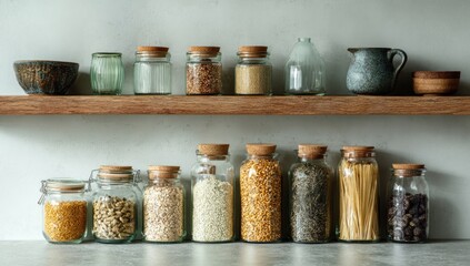 Kitchen shelf with jars of various grains