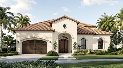Naklejka premium Mediterranean style house exterior design with tile roof palm trees and beautiful landscaping in florida