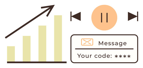 Bar graph and arrow representing growth, playback controls, and message box with code input. Ideal for business progress, technology, security, workflow, messaging, communication corporate training