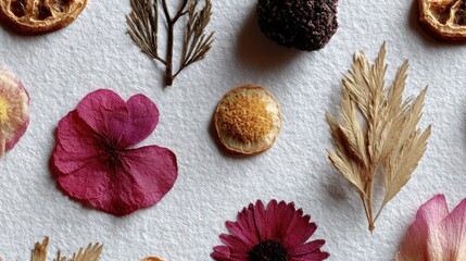 Pressed flowers and leaves on paper
