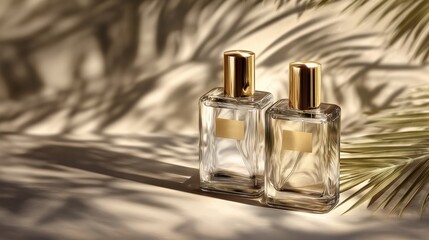 Glass perfume bottles with golden caps on flat surface, tropical leaf shadows in background