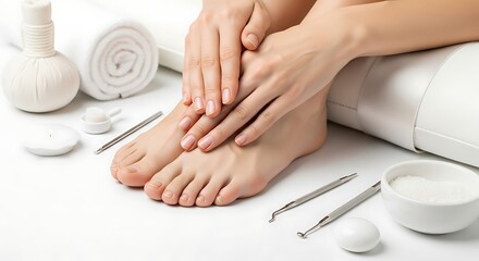 Elegant spa pedicure and manicure concept with hands, feet, and beauty accessories