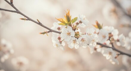 Obraz premium Blooming Branch with White Flowers in Spring Sunlight