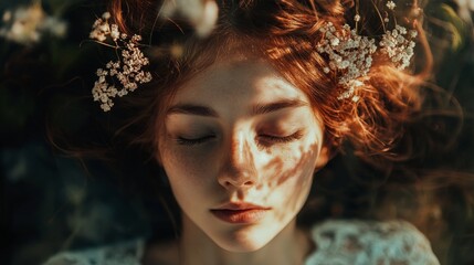 A young woman with red hair and freckles lies on her back in a field of wildflowers. She has her eyes closed and is bathed in the golden light of the sun.