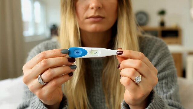 Happy Woman Holding Positive Pregnancy Test Result at Home