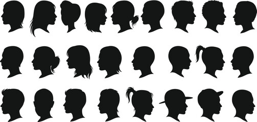 Silhouette profile collection of diverse male and female heads, various hairstyles, side view avatars, black vector illustration, isolated set