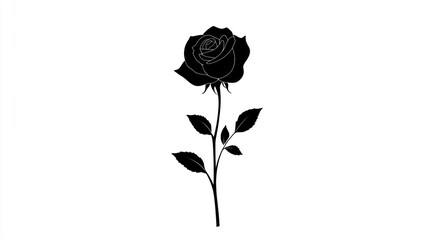 Silhouette of a blossoming rose flower, leaves and stem, black on white background