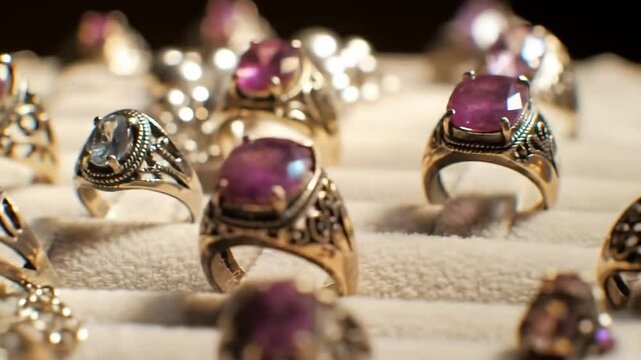 Collection of vintage rings with precious stones, showcasing intricate details and craftsmanship