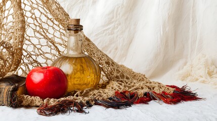 Still life of apple oil and fabric