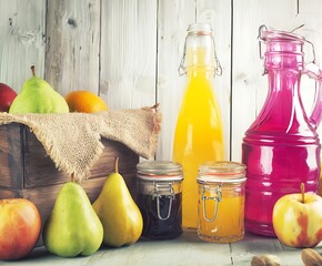 Colorful fruit and juice arrangement still