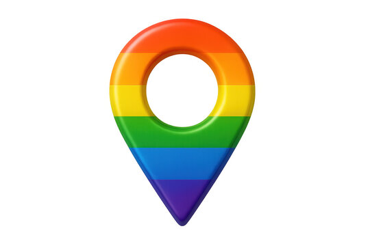 Rainbow-colored map marker against transparent backdrop signaling lgbtq+ pride, representing global inclusivity and diversity