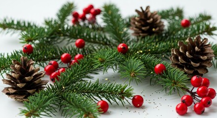 Evergreen Sprig with Pine Cones and Red Berries Holiday Decoration