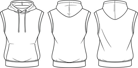 Sleeveless hoodie flat sketch front and back technical drawing, fashion garment vector template for casual wear, design layout illustration © Rahul Creatives