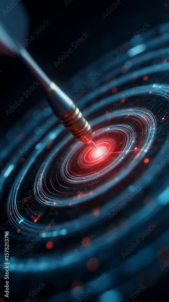 Poster metallic dart hitting the center of a digital target with glowing red concentric circles and blue da