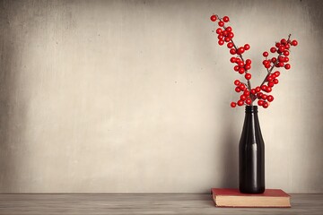 Red berries in a black bottle