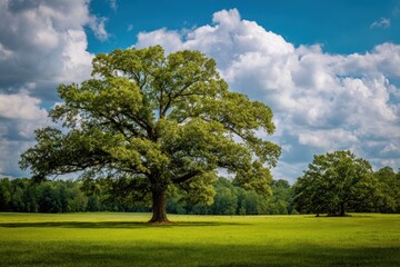 Fototapeta premium Majestic oak in a grassy field under a partly cloudy sky
